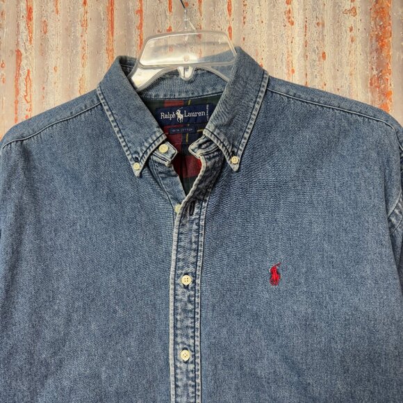 Rare Vintage 90s Polo Ralph Lauren Men's Plaid Flannel Lined Denim Shirt size L - Picture 5 of 10